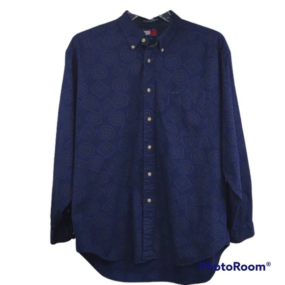 Men's Hilfiger Vtg. LS BU Cotton Navy Blue Geometric Pattern Mirror Inside Shirt - Picture 1 of 13
